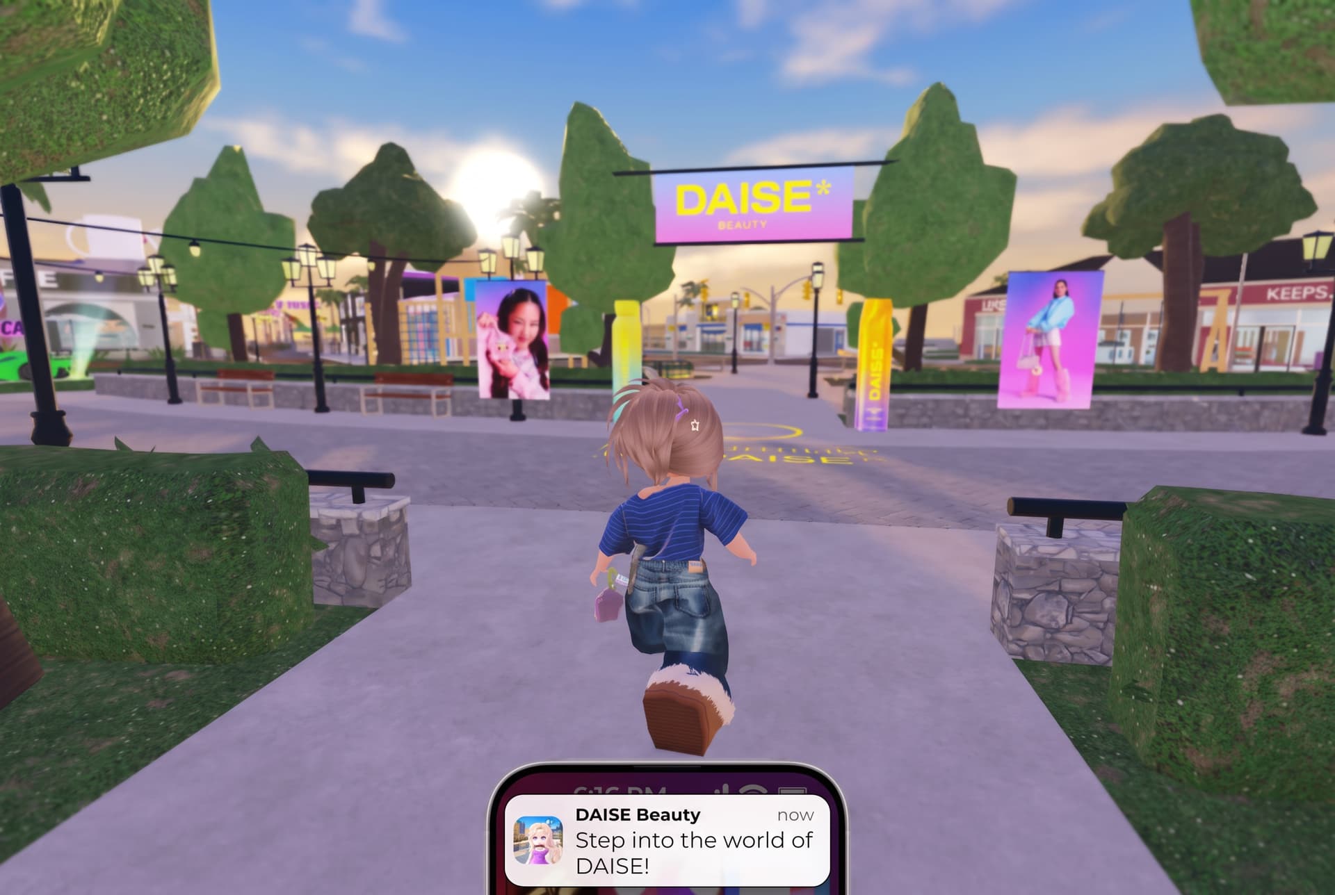 The in-game phone notification inviting players into the DAISE Beauty app